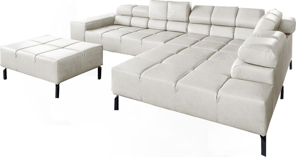 KAWOLA Sofa NELSON Ecksofa Leder hellgrau mit Hocker Recamiere rechts