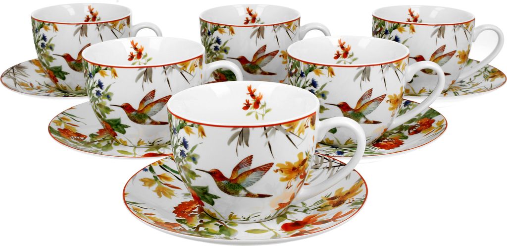 DUO FLORAL 6er-Set Tassen 220 ml LINNEA mit Untertassen, New Bone China Porzellan