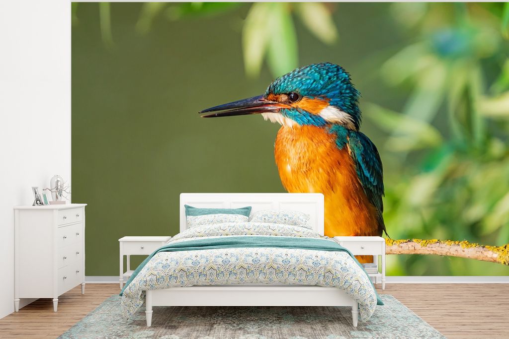MuchoWow Fototapete für Wohnzimmer oder Schlafzimmer Wandtapete Vinyl Motivtapete Vogel - Eisvogel - Zweig - Blätter - Moos - 295x220 cm - Wand...