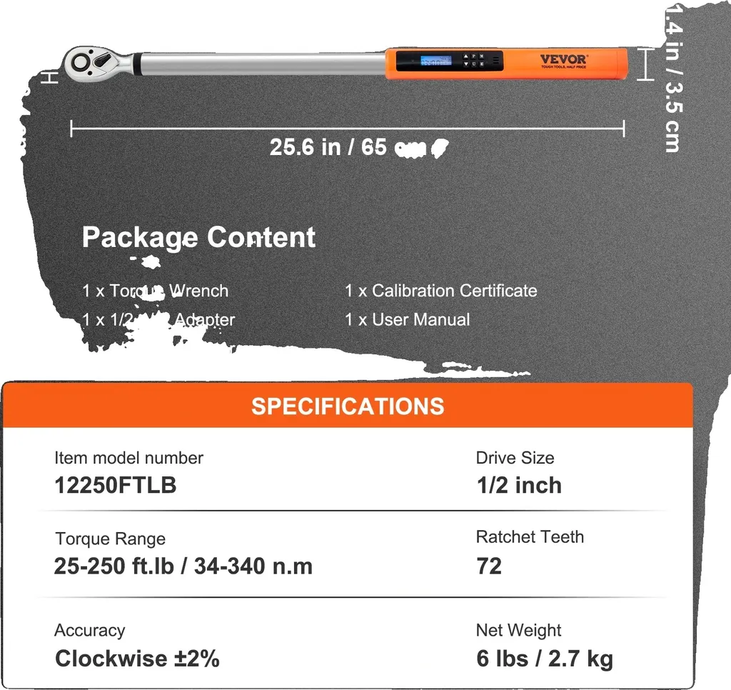 Clé dynamométrique digitale 1/2" pour serrage de précision 340 Nm Vevor