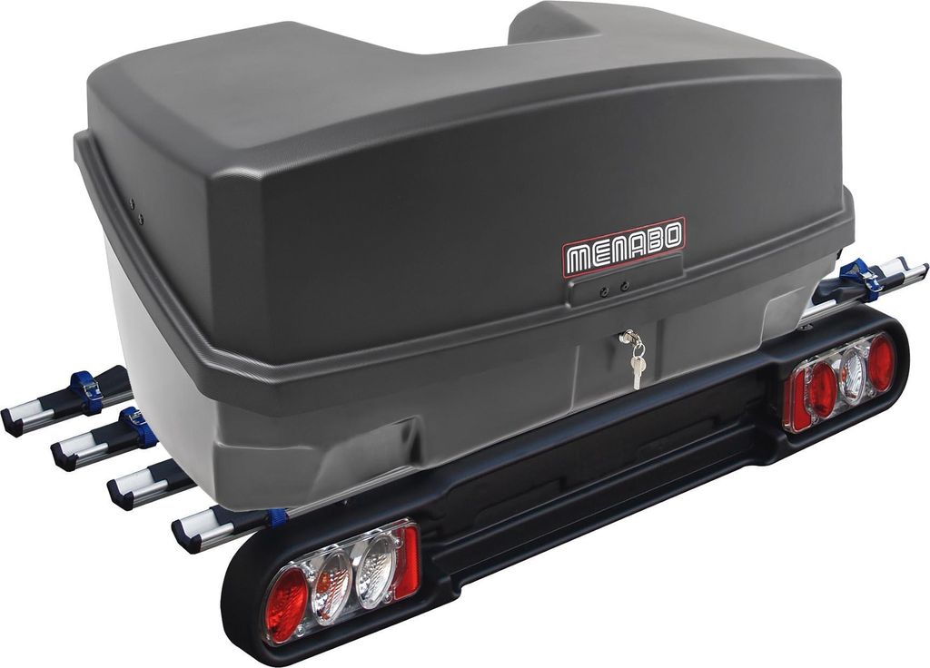 Menabo Kupplungsträger Heckträger Race 4 für 4 Räder + Transportbox Nekkar 300 Liter