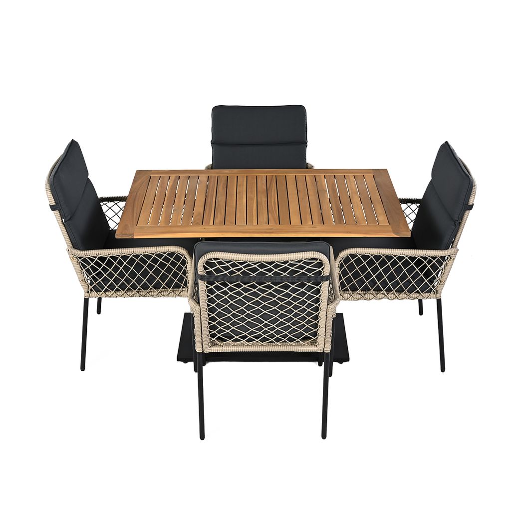 5-teiliges Gartenlounge-Set für 4 Personen Gartenmöbel Set aus massivem Akazienholz mit PE-Rattanumwicklung