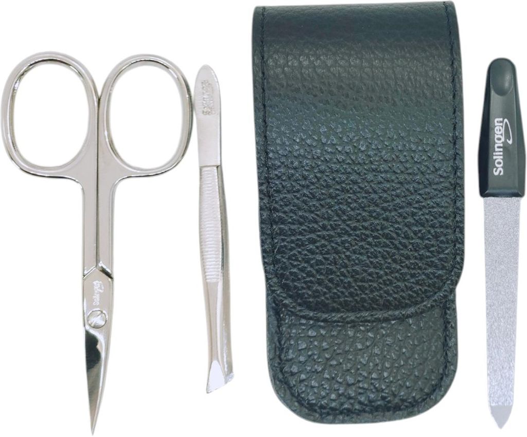 Solingen Maniküre Set 3-teilig – Nagelschere, Pinzette & Saphirfeile – Dollaro Echtleder Etui Germany Schwarz