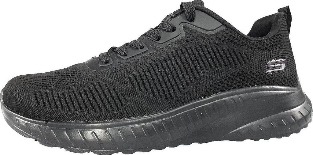 A black Skechers Bobs Squad sneaker shown from the side.