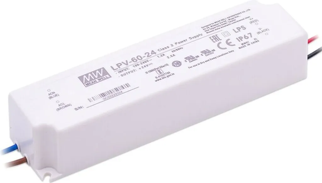 Mean Well LPV-60-24 Alimentation LED 60W 24V 2.5A IP67 Boîtier Tension Fixe