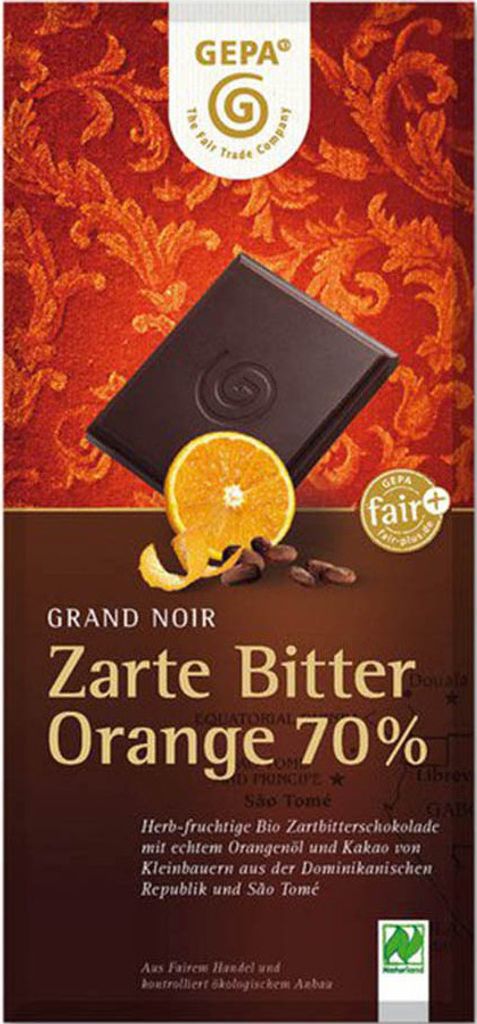 A chocolate bar wrapper with an image of a chocolate bar and an orange slice.