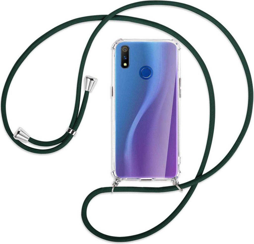 Handykette Backcover-Schutzhülle mit Band (Metall silberfarben) für Realme 3 Pro (X Lite) - dunkelgrün
