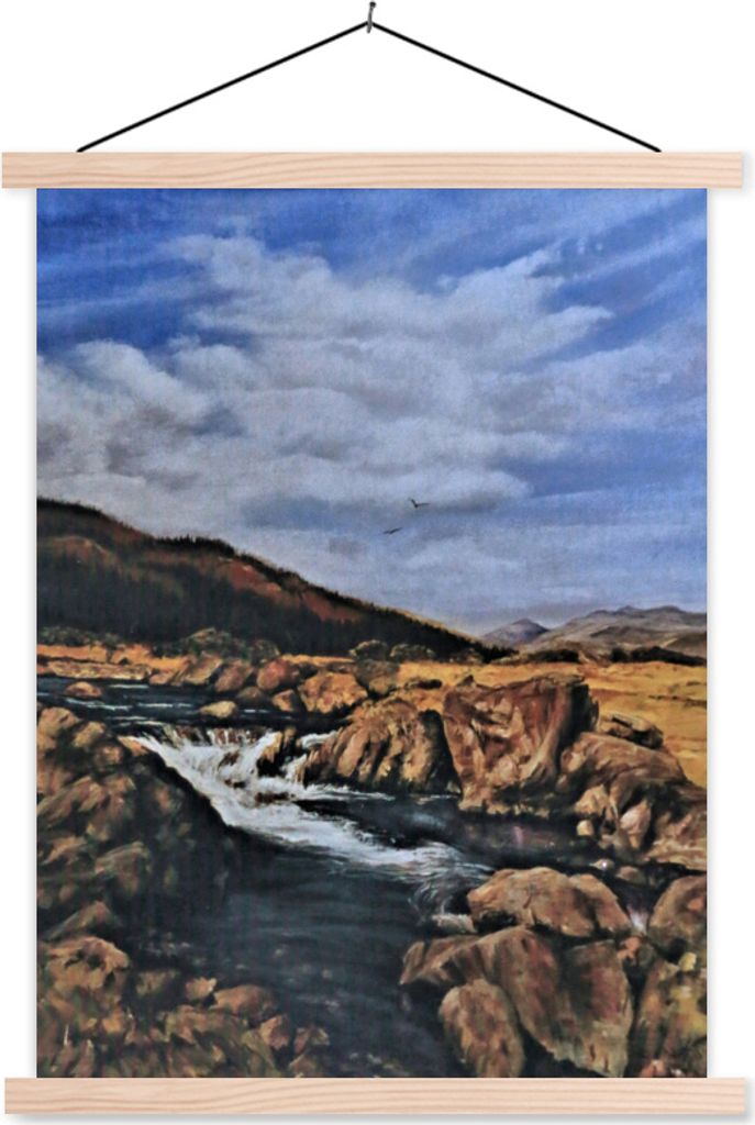 MuchoWow Textilposter Ölgemälde Fluss 120x160 cm mit holzfarbenen Rahmen - Plakatkarton