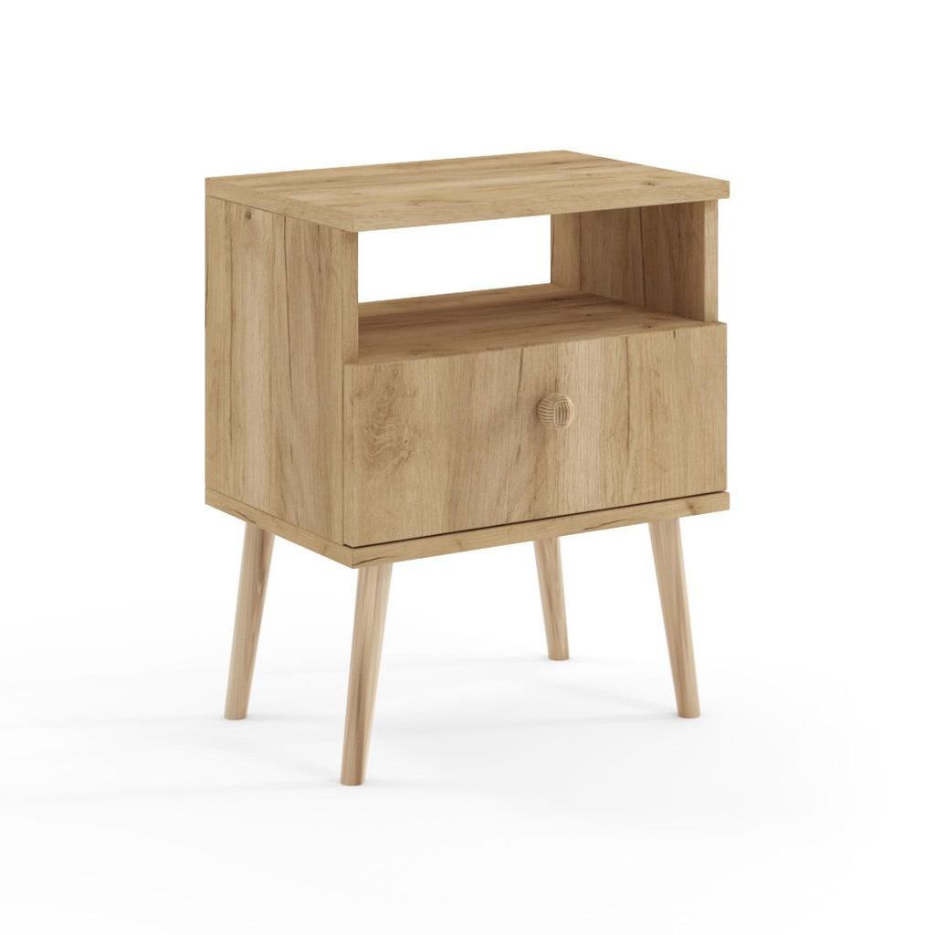 Nachttisch Eiche Craft Holzoptik NATURA 44cm Nachtschrank mit Schublade & Echtholzbeinen Boho Skandi Design Matt
