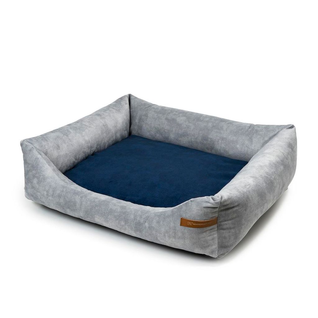 Frida – Nachhaltiges Hundebett und Katzenbett mit hohen Seiten, waschbar & wasserabweisend, Grau und blau Größe XL