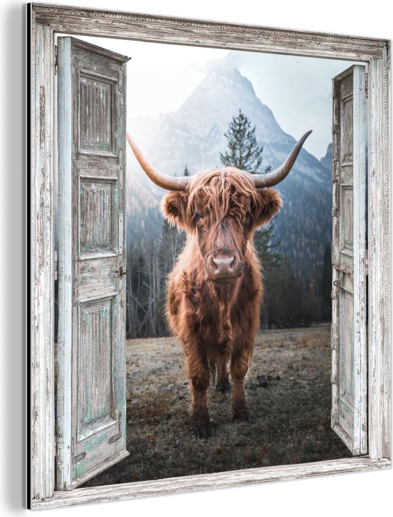 MuchoWow Wanddekoration Metall Metallbild Wandkunst 50x50 cm Schottisches Hochlandrind - Kuh - Ländlich - Ansicht MuchoWow Aluminium Gemälde - Al...