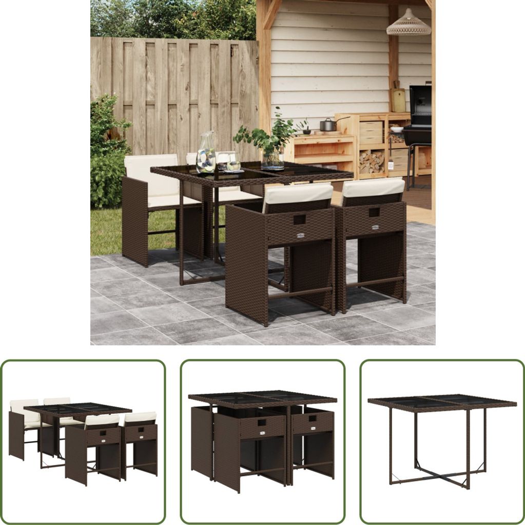 The Living Store 5-tlg. Garten-Essgruppe mit Kissen Braun Poly Rattan