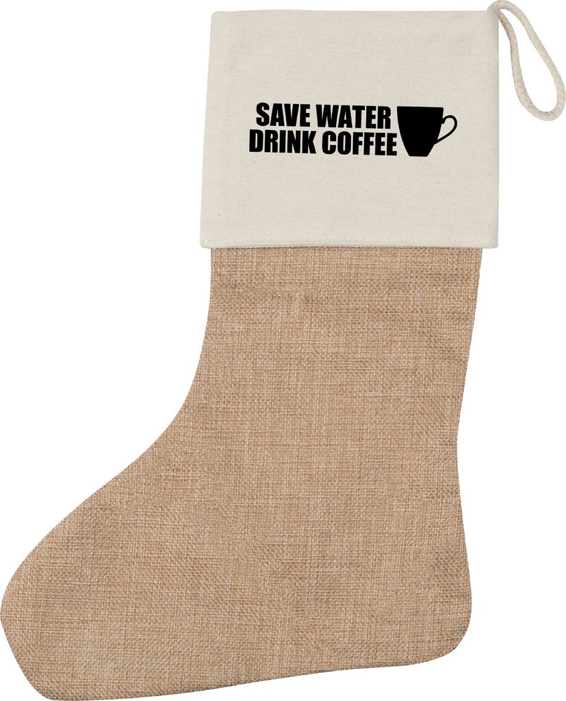 Huuraa Weihnachtsstrumpf Save Water Drink Coffee Kaffeetasse Beige Jute Kaminstrumpf Geschenkidee