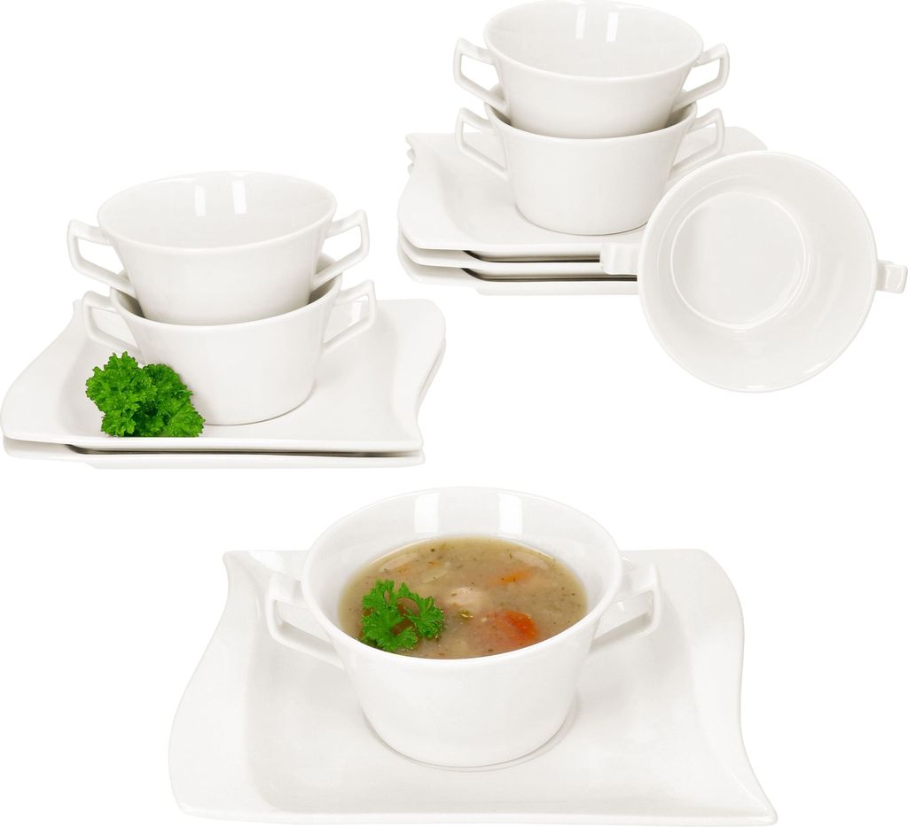 6x Ivory Suppentasse 200ml mit Untertasse Suppenterrine 6 Personen elfenbeinweiß