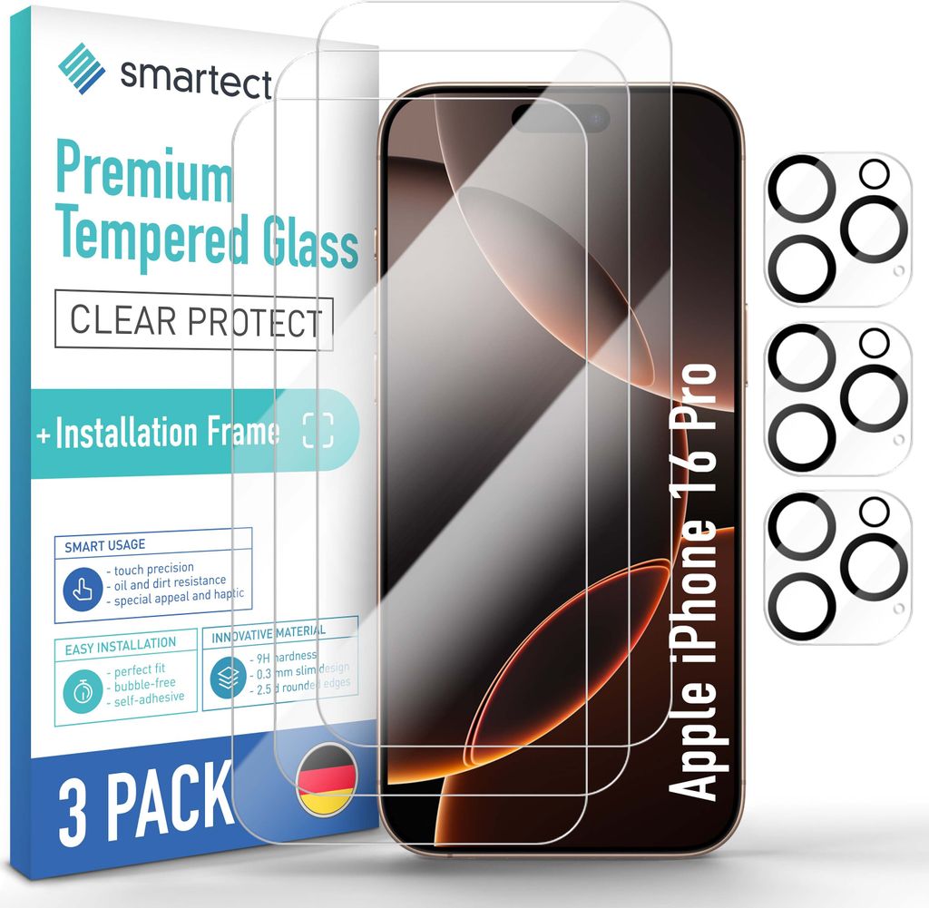 3x Schutzglas Panzerfolie für iPhone 16 Pro Anbringhilfe + Produktbild 