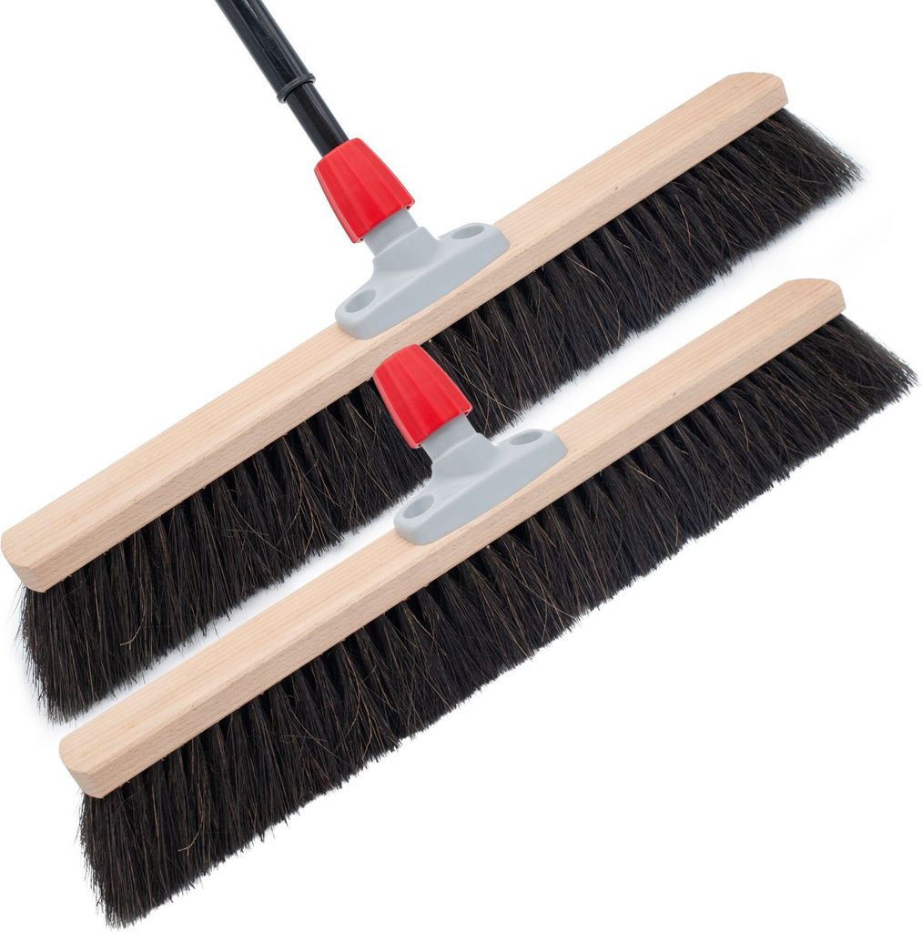 Novaliv 2x Rosshaarbesen mit Stiel 50 cm I Teleskopstiel ausziehbar I Rosshaar schwarz I Saalbesen breit Kehrbesen Haushaltsbesen Werkstattbesen Be...
