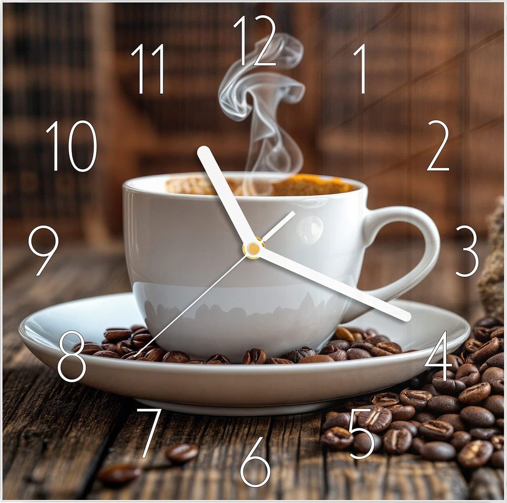 Wanduhr aus Glas mit Motiv Kaffeegenuss- 30 x 30 cm - inkl. Aufhängesystem