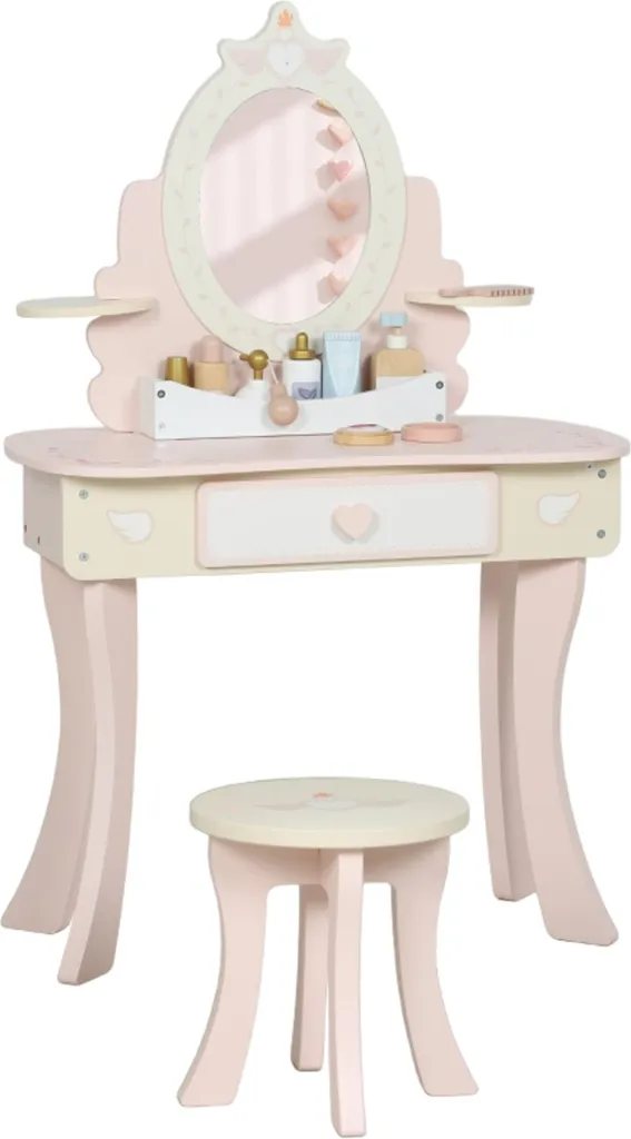 Tavolo da trucco per bambini, sedia, cassetto, specchio rimovibile, scrivania per bambini con 7 accessori, design 2 in 1, MDF, rosa