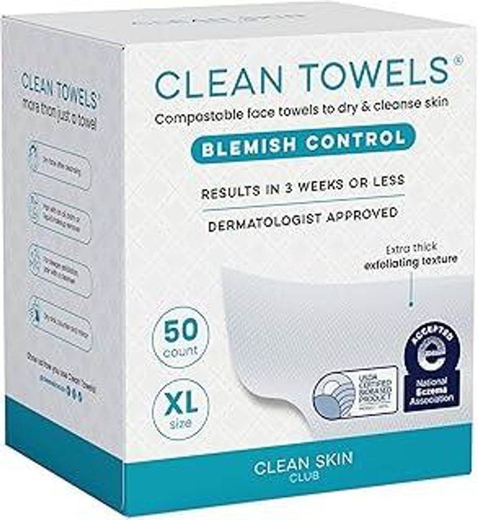 Clean Skin Club Clean Blemish Control Towels XL, 100% USDA-biobasierte Gesichtshandtücher, Einweg-Gesichtstücher, von der Eczema Association aner...