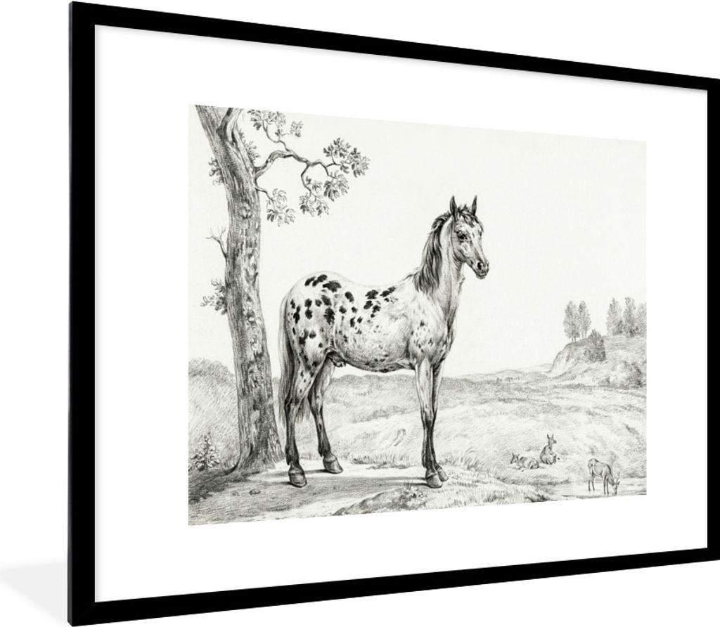 MuchoWow MuchoWow Gerahmtes Poster Stehendes geflecktes Pferd, nach rechts - Gemälde von Jean Bernard 80x60 cm - Poster mit zchwarzem Bilderra...