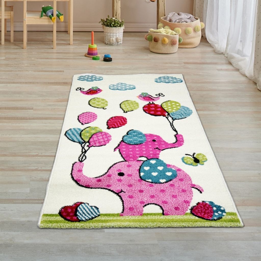 Kinderzimmer-Teppich mit süßen Elefanten | in creme, rosa Größe - 80 x 150 cm