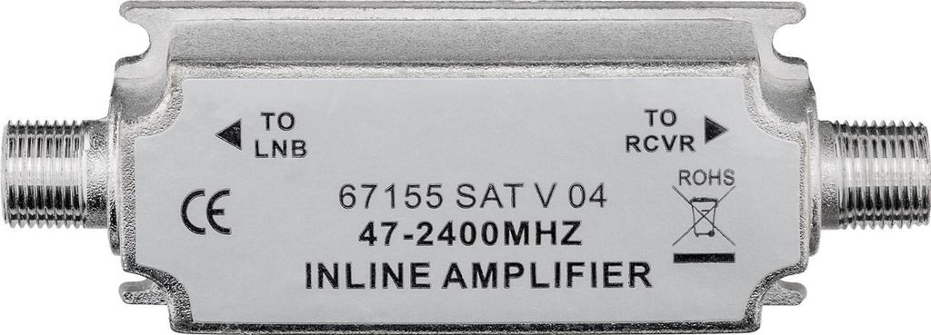 A close-up studio shot of a satellite inline amplifier.