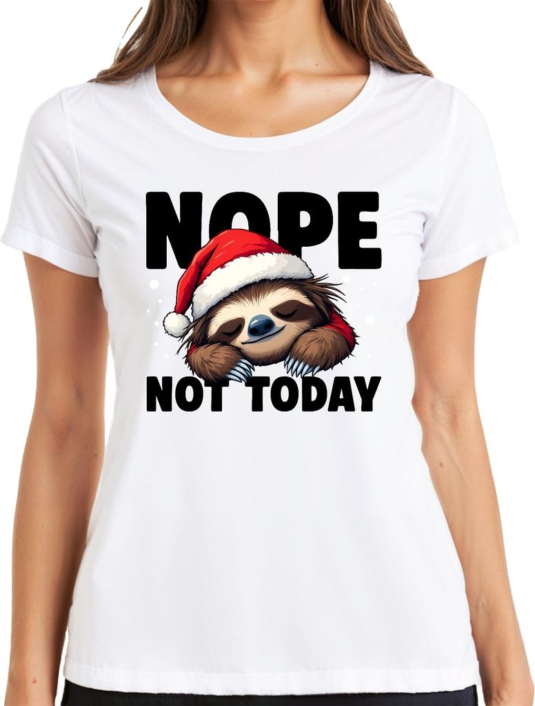 NOPE NOT TODAY Faultier Weihnachten Weihnachtsmütze faul süß Damen T-Shirt, Weiß, S