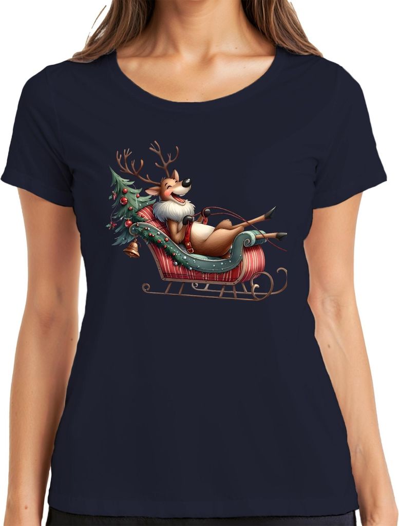 Faules Rentier im Schlitten Weihnachten lustig Geschenk Cartoon Damen T-Shirt, Navy, S