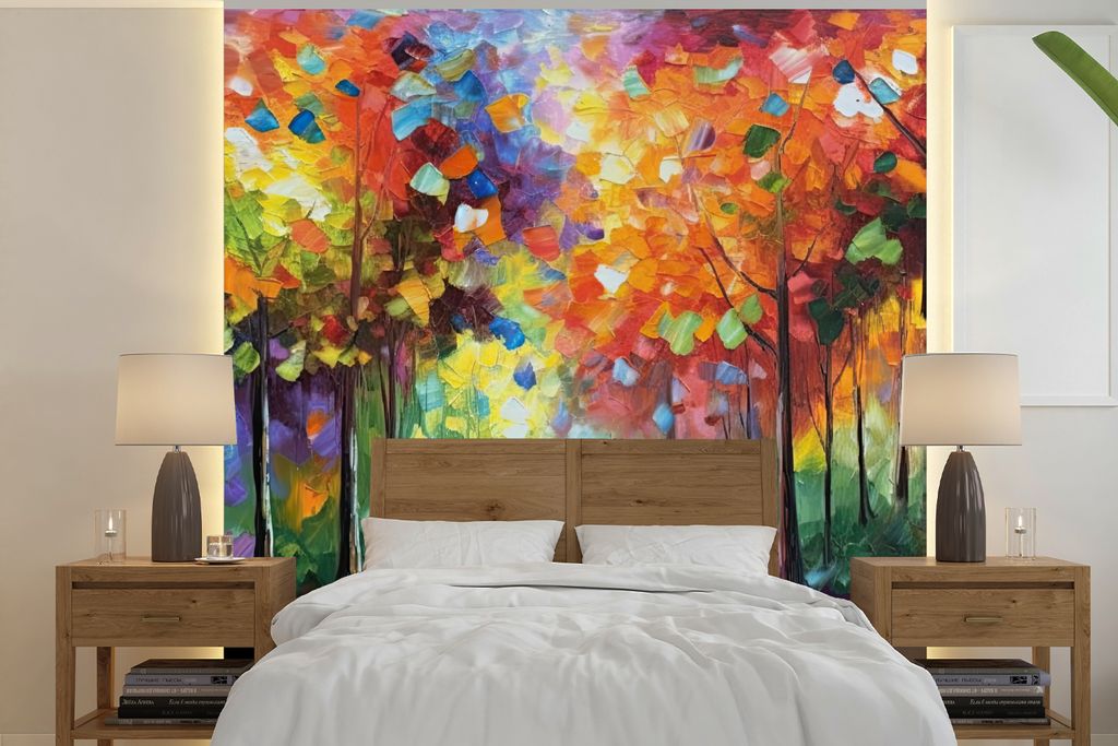 MuchoWow Fototapete für Wohnzimmer oder Schlafzimmer Wandtapete Vinyl Motivtapete Landschaft - Wald - Farben - Natur - 300x300 cm - Wanddekoration