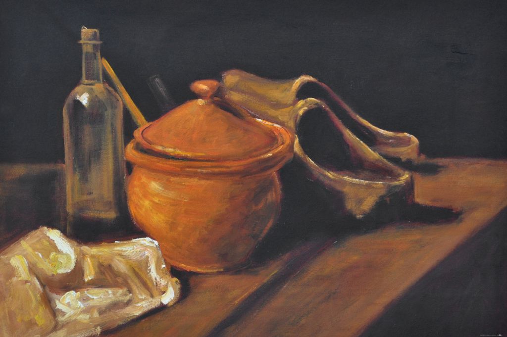 Vincent Van Gogh Kunstdruck Bild - Stillleben Mit Tontopf, Flasche Und Holzschuhen, 1885 (80 x 120 cm)