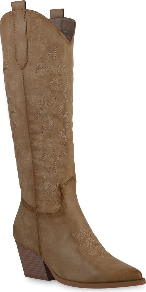 VAN HILL Damen Stiefel Cowboystiefel Stickereien Schuhe 838830, Farbe: Khaki, Größe: 36