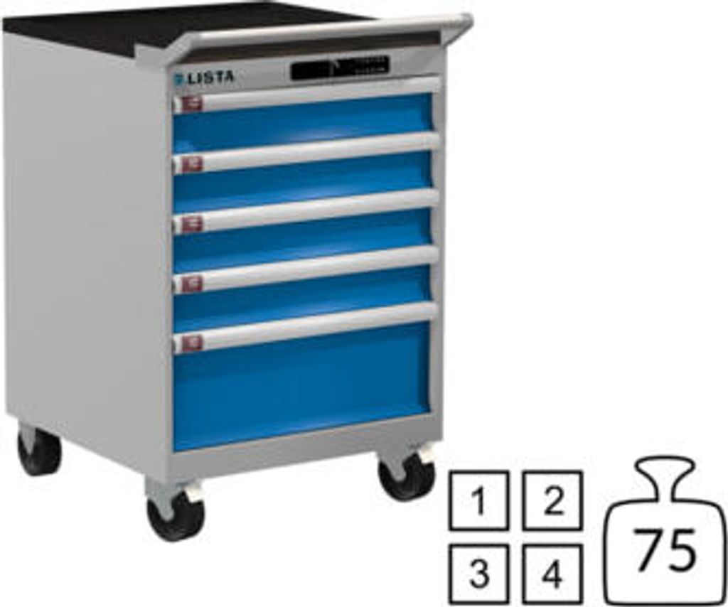Lista Schubladenschrank - fahrbar - 78.112.514 - 890 x 564 x 572 mm (HxBxT) - 5 Schubladen - 75 kg - Code Lock - RAL 7035/RAL 5012
