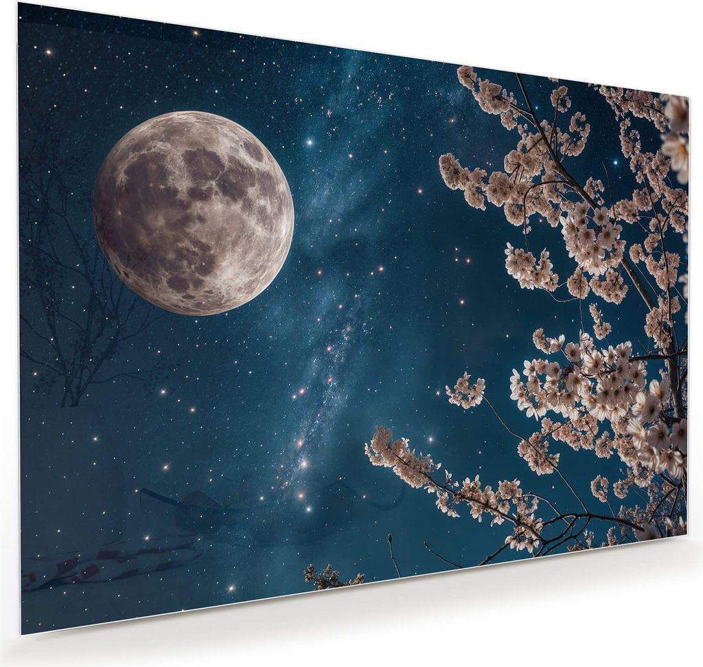 Glasbild 100x70cm in XXL für Wohnzimmer, Schlafzimmer Motiv Mondblumen Nacht