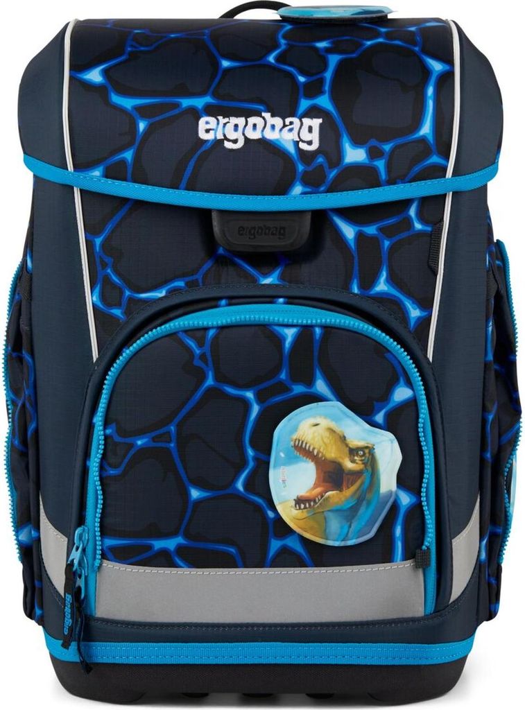 A children's backpack with a dinosaur design.