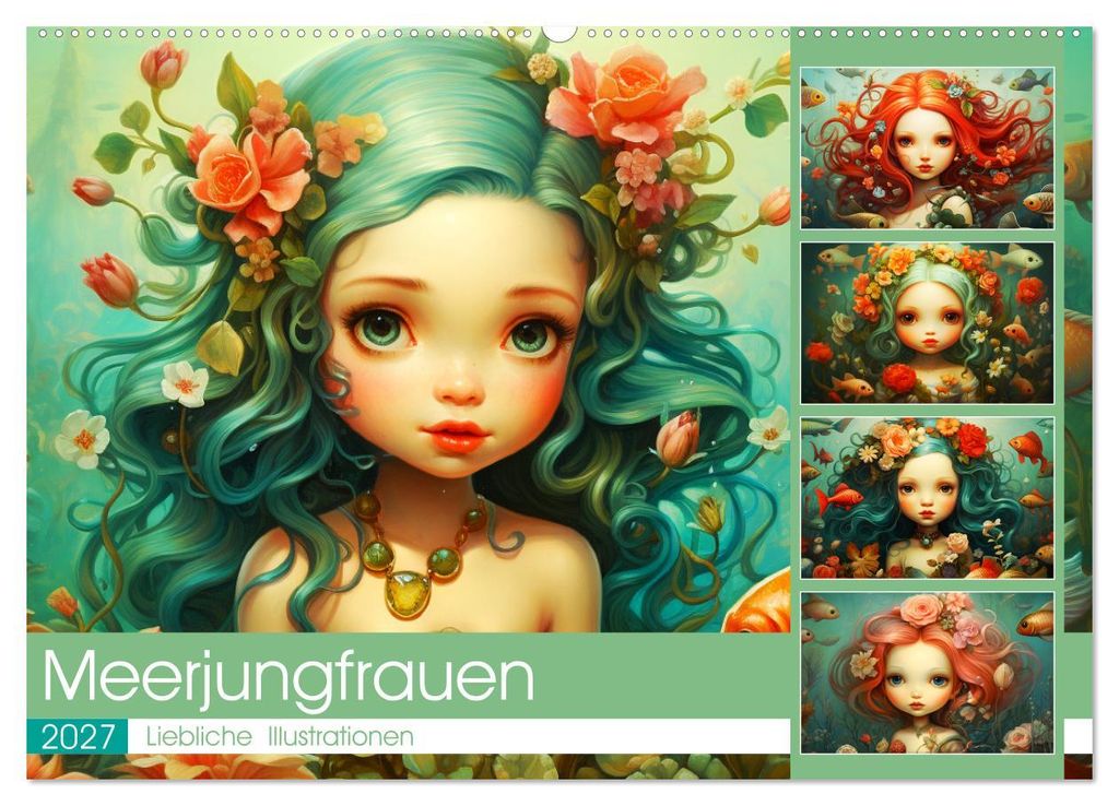 Zauberhafte Meerjungfrauen. Liebliche Illustrationen (Wandkalender 2027 DIN A2 quer), CALVENDO Monatskalender
