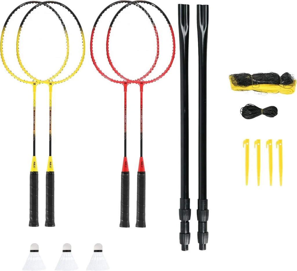 Set de badminton familial avec filet et raquettes robustes en acier