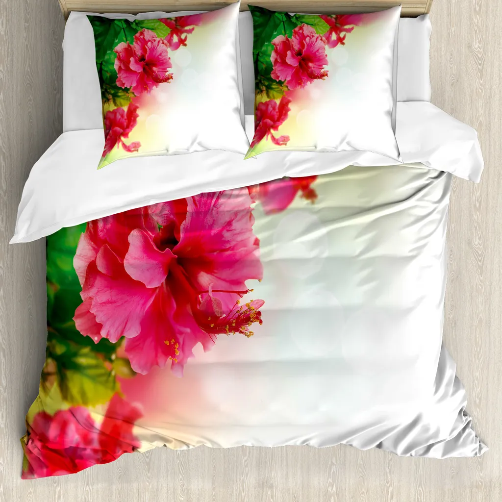 ABAKUHAUS Set copripiumino per letti matrimoniali, fiori di ibisco esotici, antiacaro, adatto a chi soffre di allergie, con federe, verde felce rosa