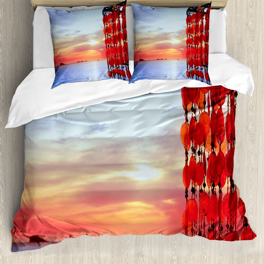 ABAKUHAUS Strand Bettbezug, Traumfänger Ibiza Sunset, Milbensicher Allergiker geeignet mit Kissenbezügen, 155 cm x 220 cm - 80 x 80 cm, Red Blue ...