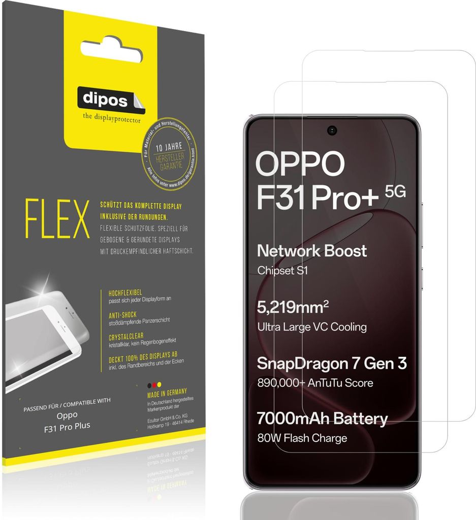 2x Schutzfolie für Oppo F31 Pro Plus Folie, 100% Displayabdeckung, dipos Flex