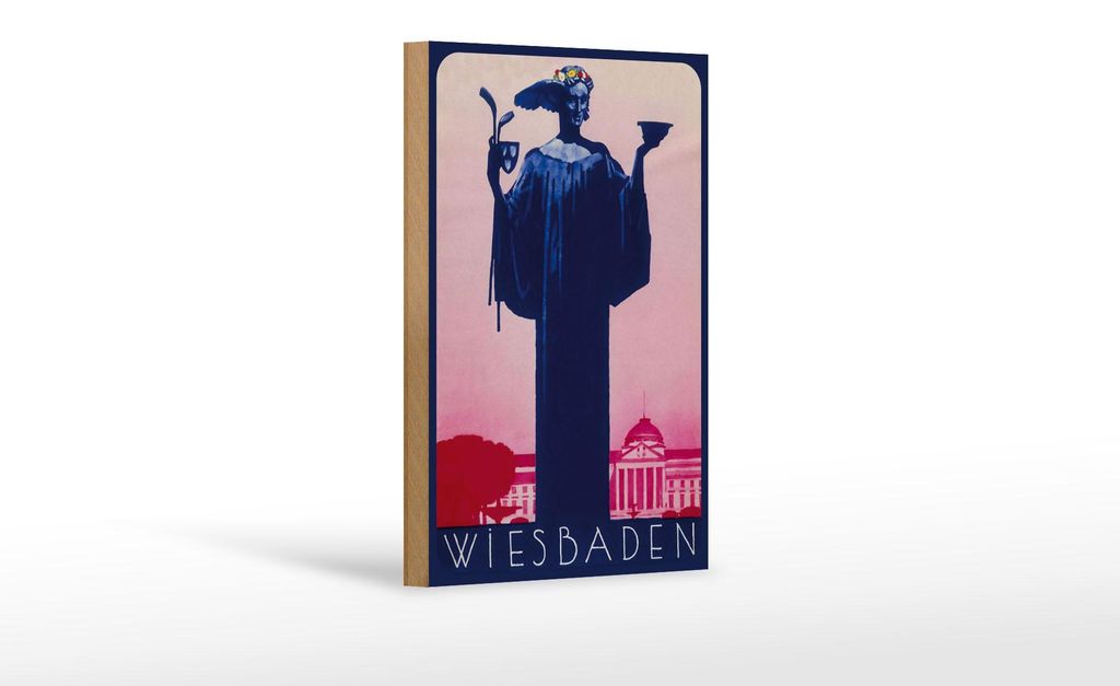 Holzschild Reise 12x18 cm Wiesbaden Deutschland Frauen Statue Deko Schild