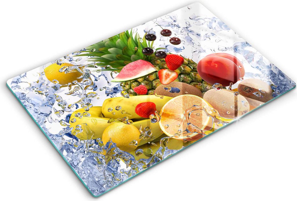 Glasschneideplatte - Herdabdeckplatte - 80x52 cm -Schneidebrett - Spritzschutz -Saftige Früchte und Wasser