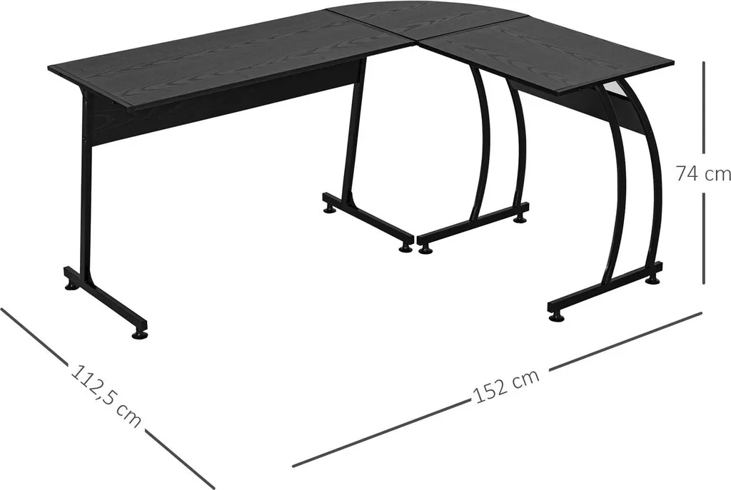 Bureau en L noir avec large plateau 152 cm - Structure robuste et stable
