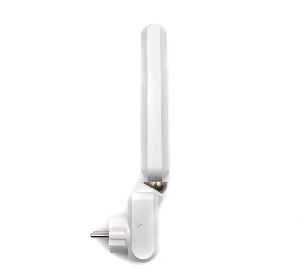A white electronic device with an antenna, shown against a white background.