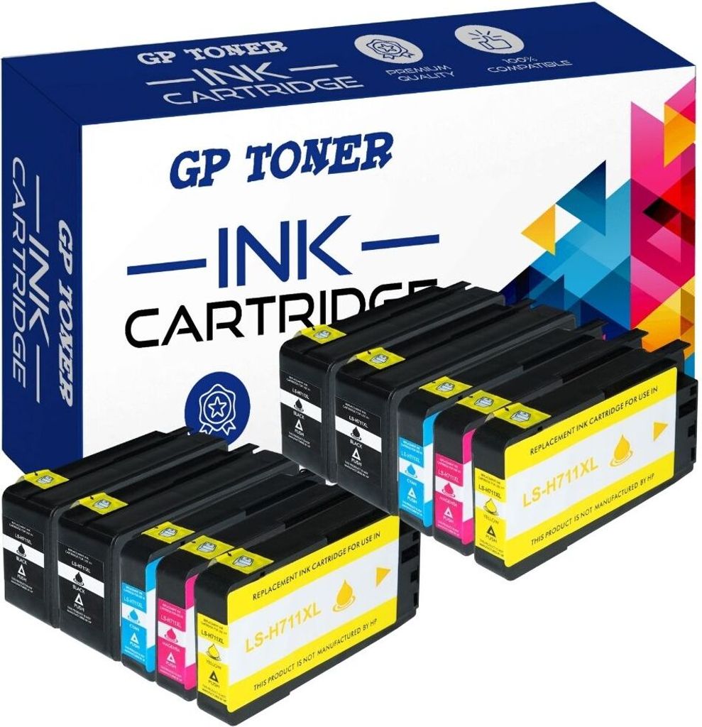A box of GP Toner ink cartridges with several cartridges displayed in front of it.