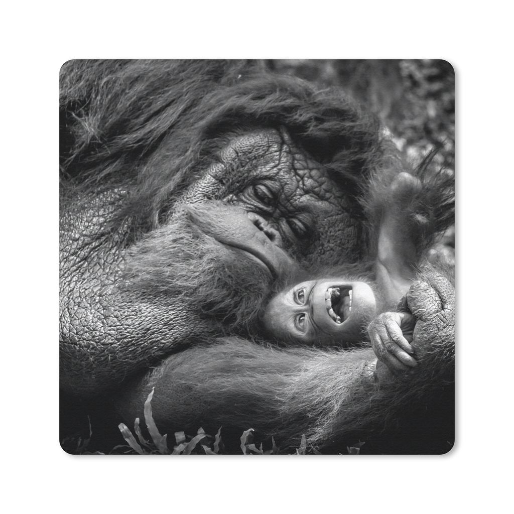 MuchoWow Mauspad Mousepad Liebender Orang-Utan mit Jungtier in Schwarz und Weiß 20x20 cm - Mousepads - Maus Mat - Pad - Mausunterlage - Desk Mat...