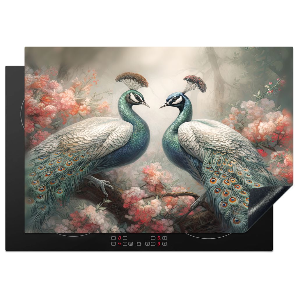 KitchenYeah Herdabdeckplatte Pfaue - Pfauenfedern - Vögel - Natur , 75x52cm, Küche Deko, Glaskeramikkochfeld Herdabdeckung, Abdeckplatte fùr K...
