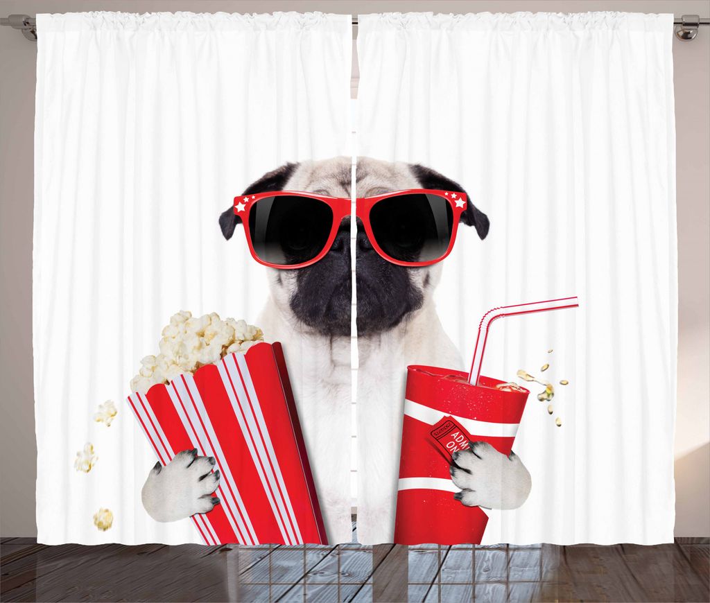 ABAKUHAUS Mops Rustikaler Gardine, Hund Kinobesuch, Schlafzimmer Kräuselband Vorhang mit Schlaufen und Haken, 280 x 245 cm, Creme Rot Schwarz