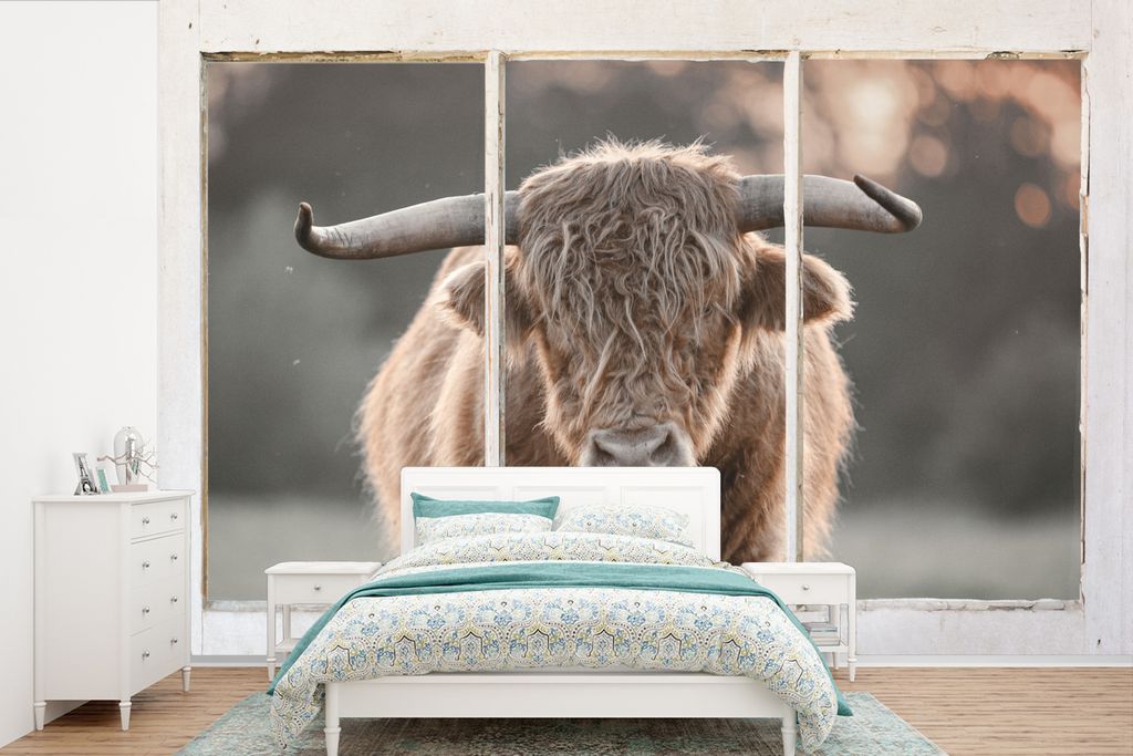 MuchoWow Fototapete für Wohnzimmer oder Schlafzimmer Wandtapete Vinyl Motivtapete Scottish Highlander - Ansicht - Hörner - 390x260 cm - Papiert...