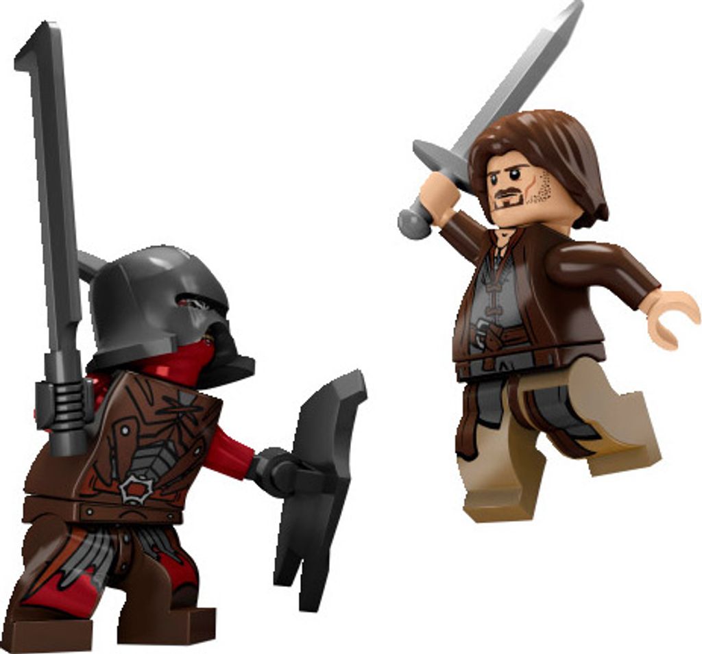 Two Lego minifigures in a battle pose.