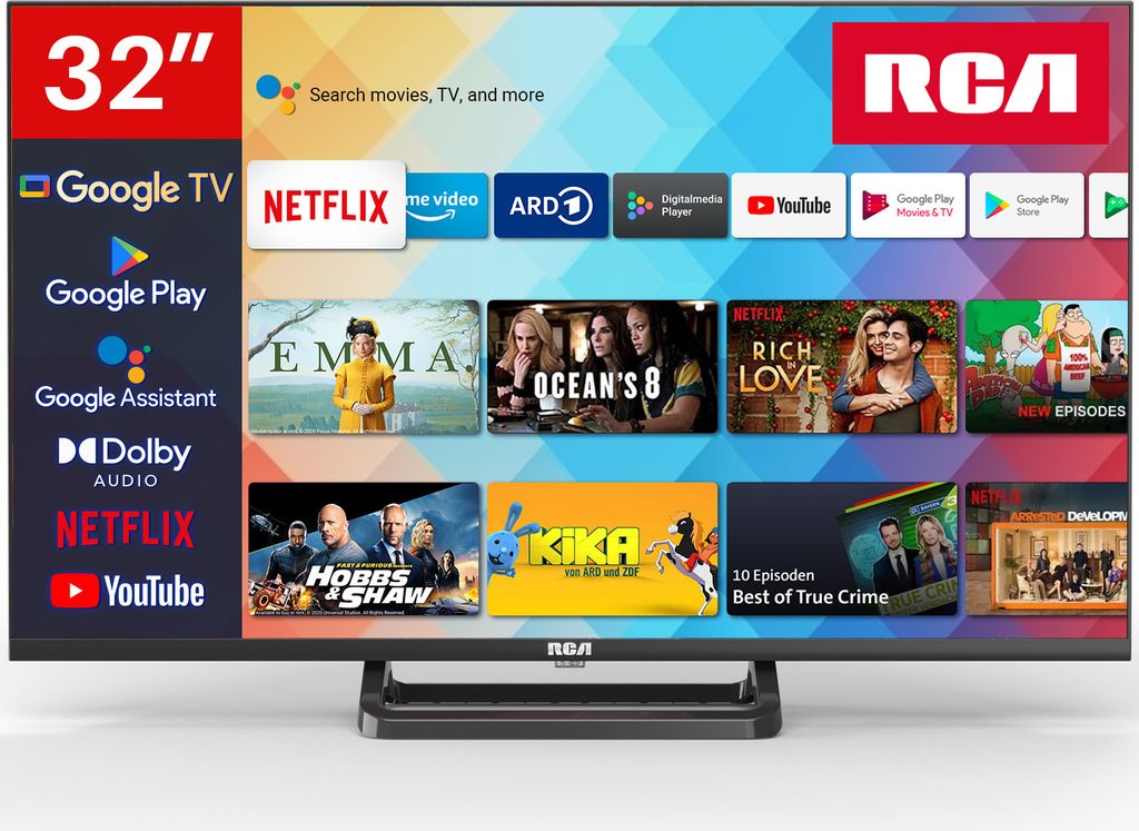 RCA Ultra HD DLED TV | 32 Zoll/81 cm | Triple Tuner (DVB-C/T2/S2) | HDMI | CI+ | USB-Mediaplayer | Hotelmodus | Dolby Audio | Modell SRG32HQ1C